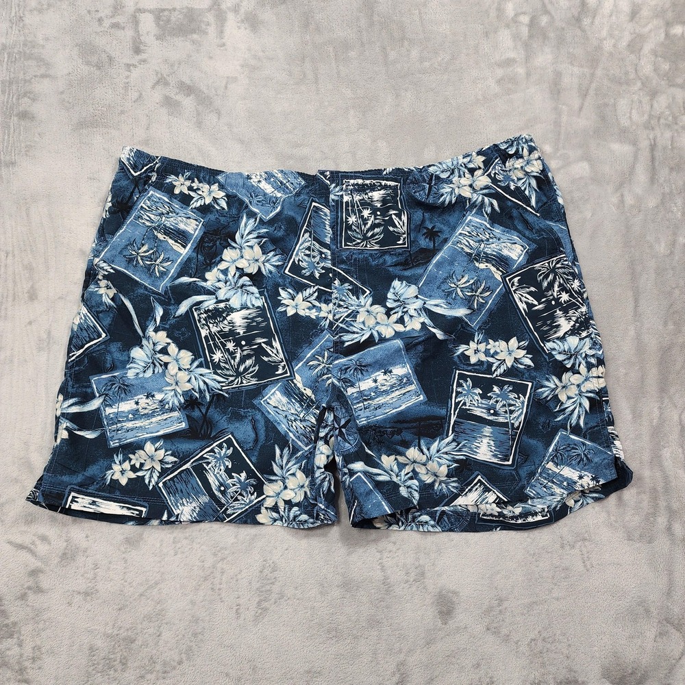 Vintage Faded Glory Swim Trunks Mens 2XL Blue Hawaiian Floral Lined Beach Summer